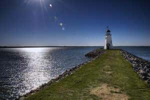 Overlooking East Wharf lighthouse at Lake Hefner in Oklahoma.