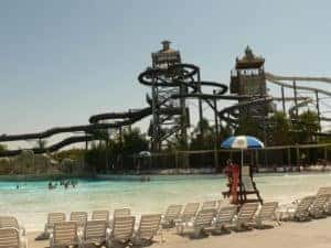 Six Flags Hurricane Harbor Water Park overlooking wave pool and water slides.