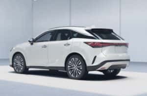 side view of a white Lexus hybrid SUV