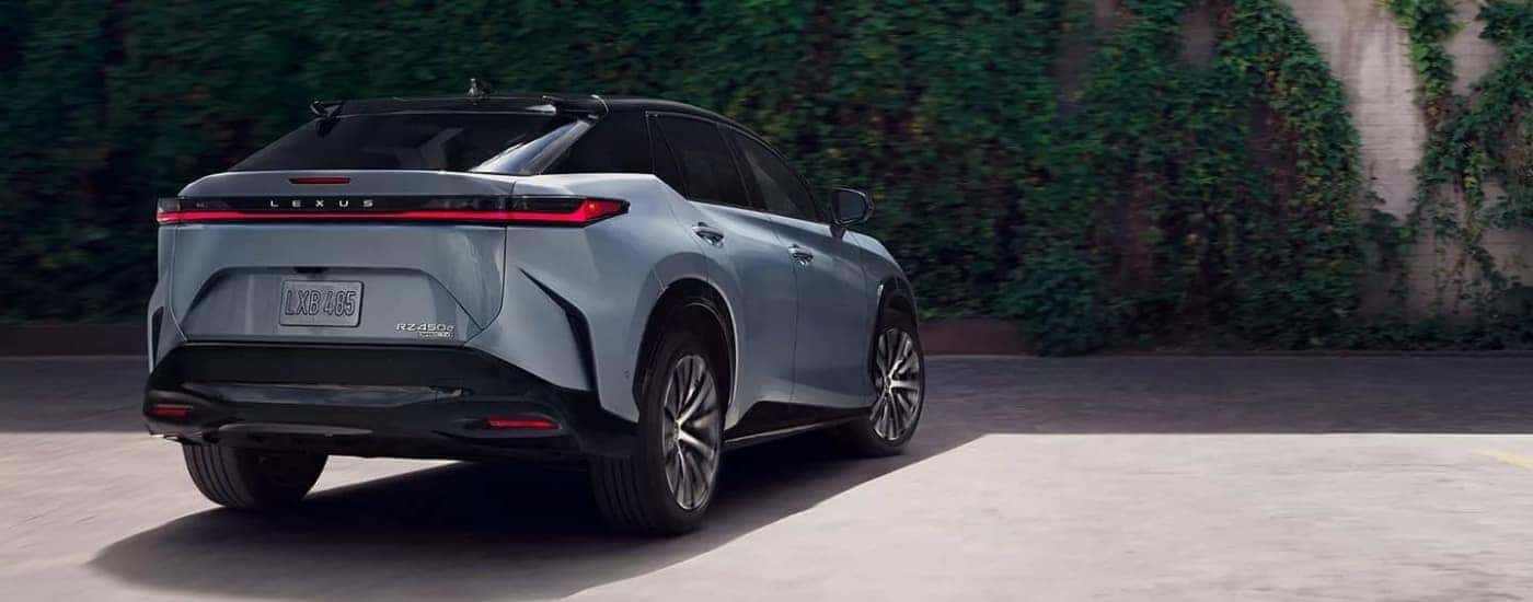 Grey 2023 Lexus RZ 450e near a wall covered in ivy