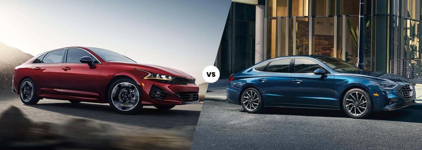 2021 kai k5 red exterior vs 2020 hyundai sonata blue exterior comparison image