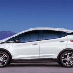 White Chevy Bolt EV parked in front of sleek white buildings and a bright blue sky