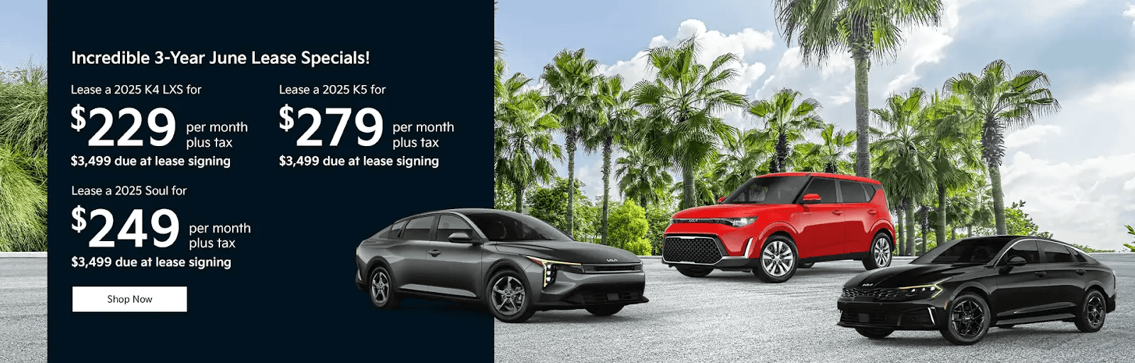 Incredible 3-Year June Lease Specials! Subtext: Lease a 2025 Sorento for $329 per month plus tax $3,999 due at lease signing Lease a 2025 Sportage for $259 per month plus tax $3,999 due at lease signing Lease a 2025 Carnival for $449 per month plus tax $3,999 due at lease signing Lease a 2025 Telluride for $389 per month plus tax $3,999 due at lease signing