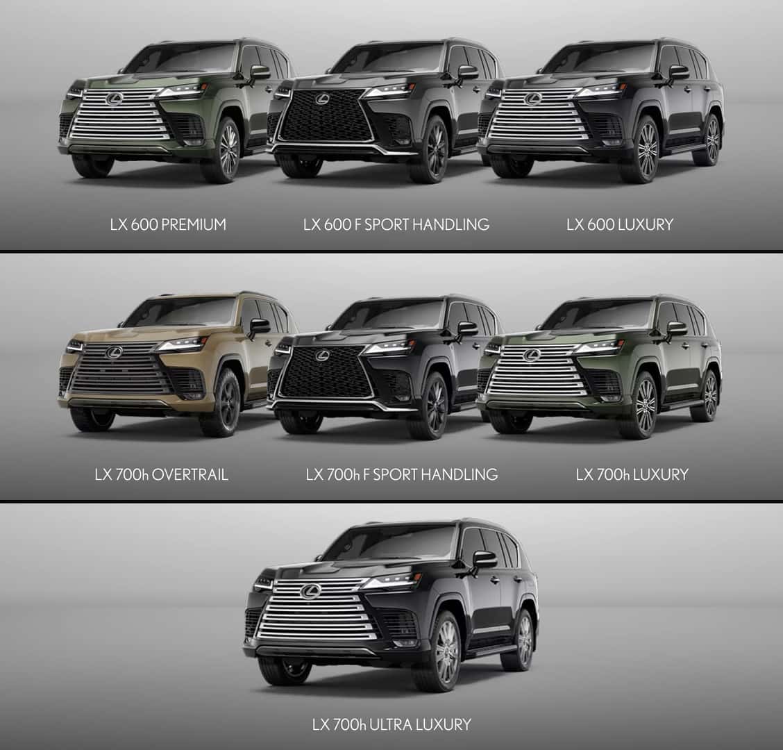 2026 Lexus LX Trims: LX 600 Premium, LX 600 F Sport Handling, LX 600 Luxury, LX 700h Overtrail, LX 700h F Sport Handling, LX 700h Luxury, and LX 700h Ultra Luxury shown.