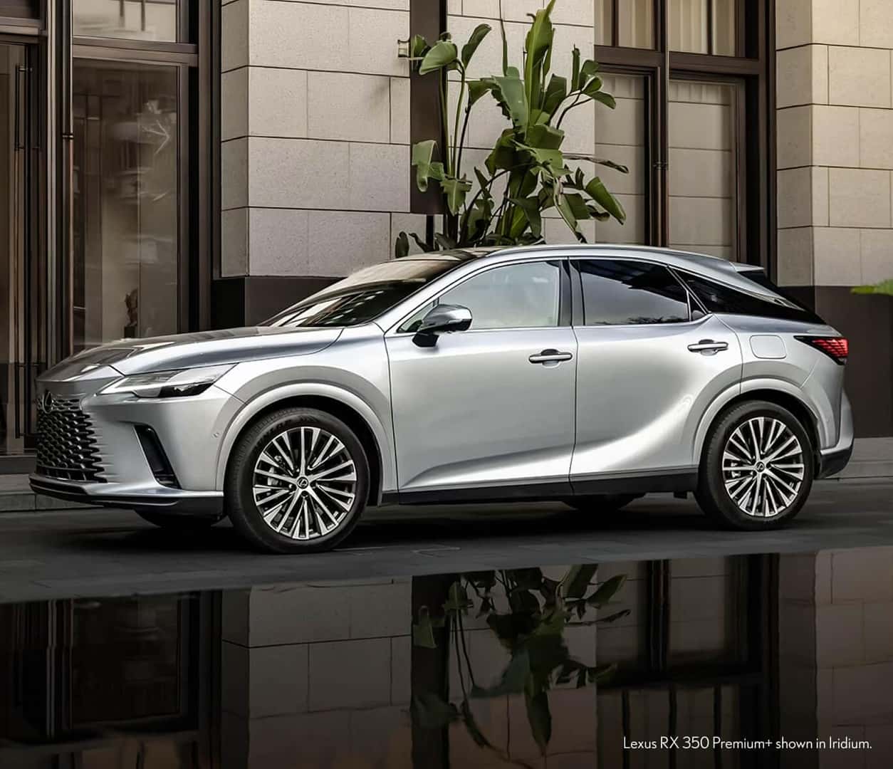 Front three-quarter profile of Lexus RX 350 Premium+ in Iridium beside a modern building.