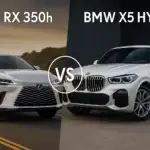 A white Lexus RX 350h and a white BMW X5 Hybrid are shown side by side, separated by a “VS” graphic, highlighting their design differences for a hybrid SUV comparison.