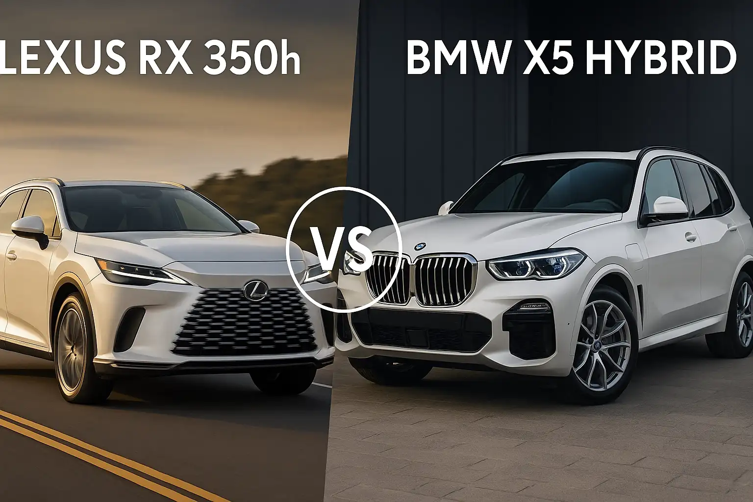A white Lexus RX 350h and a white BMW X5 Hybrid are shown side by side, separated by a “VS” graphic, highlighting their design differences for a hybrid SUV comparison.