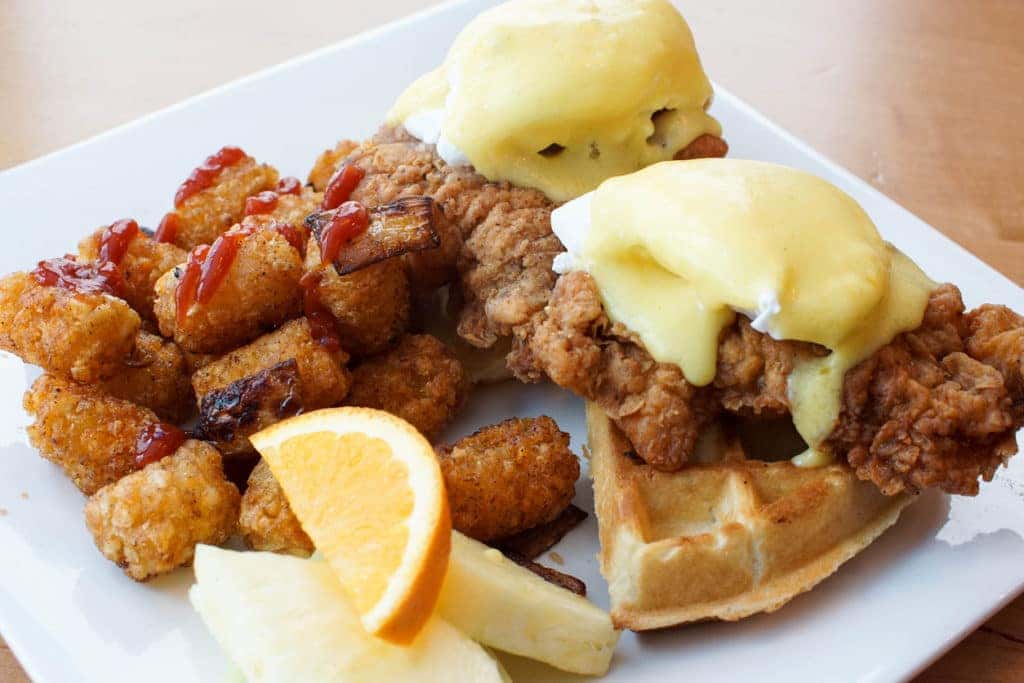 chicken and waffles with hollandaise sauce