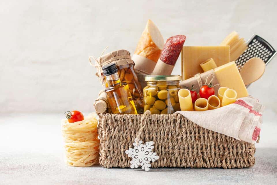 Products food in jars in a gift basket.