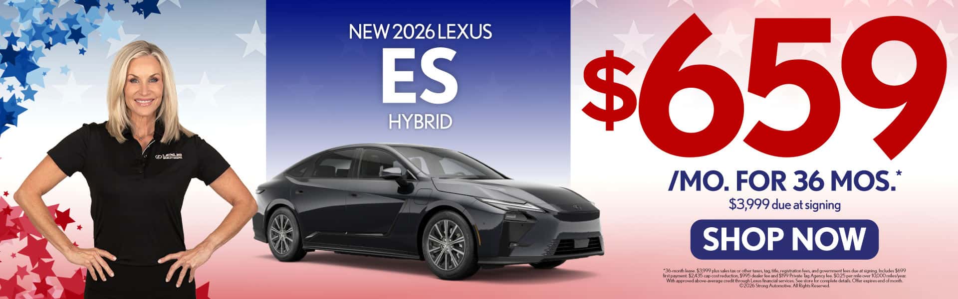 New 2026 Lexus ES Hybrid $659/mo for 36 mo - $3,999 due at signing