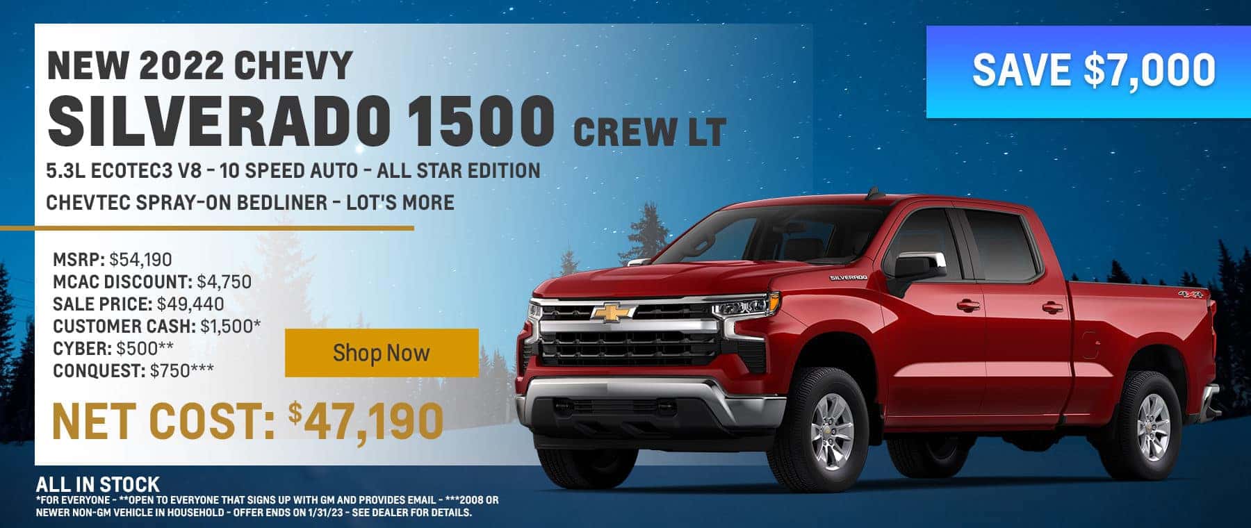 NEW 2022 CHEVY SILVERADO 1500 CREW LT. 5.3L ECOTEC3 V8 - 10 SPEED AUTO - ALL STAR EDITION - CHEVTEC SPRAY-ON BEDLINER - LOT'S MORE MSRP $54,190 MCAC DISCOUNT $4,750 SALE PRICE $49,440 CONSUMER CASH: $1,500* CYBER: $500** CONQUEST: $750*** NET COST: $47,190