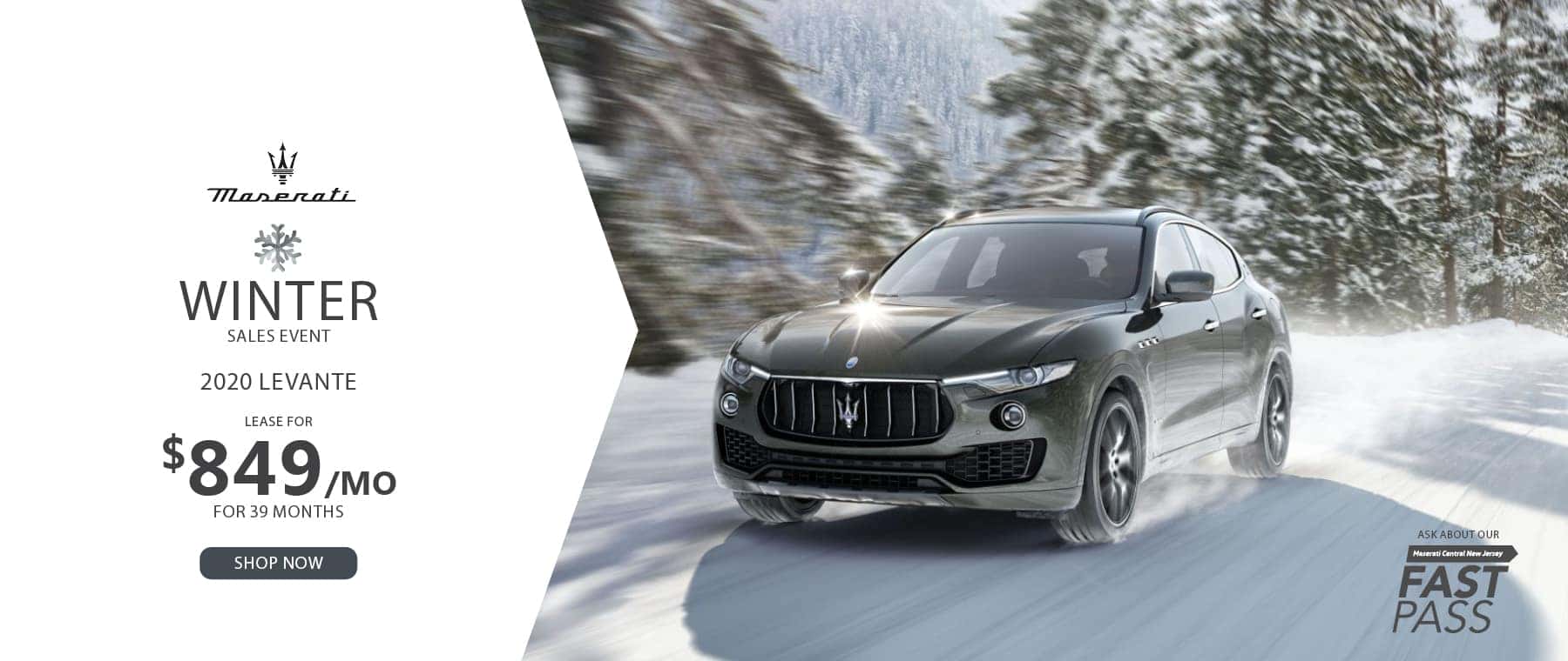 Silver Maserati Levante driving in snow