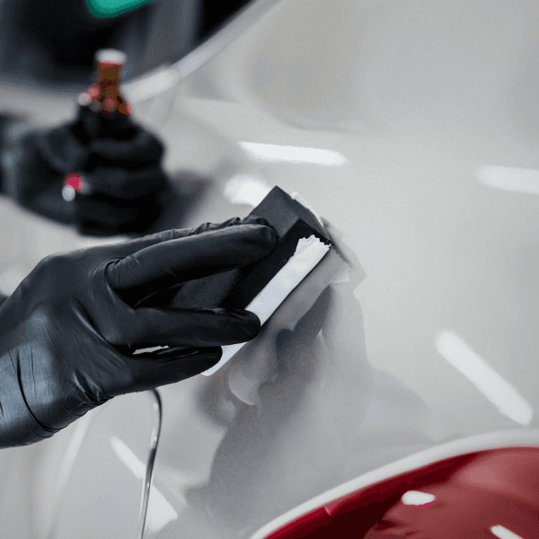 Up close shot of car fender being ceramic coated