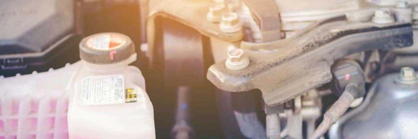 View of a vehicle's engine with a bottle of engine coolant next to it