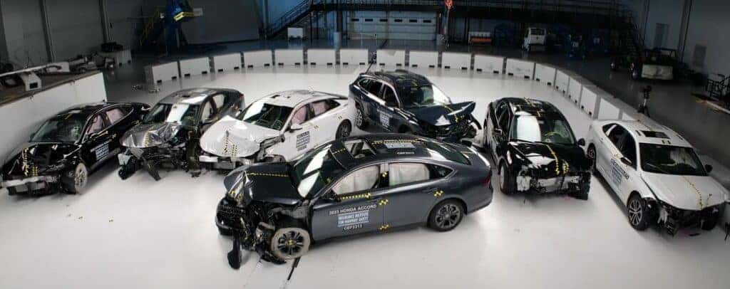 Honda Vehicles Lined Up After a Crash Test