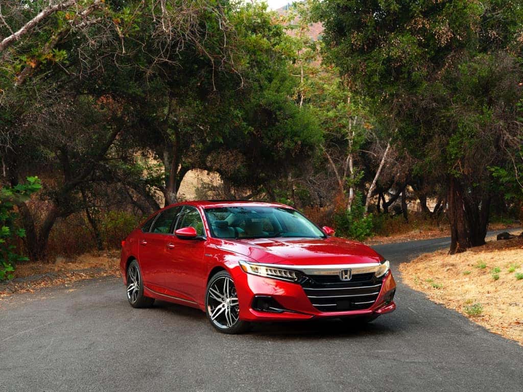 2021 Honda Accord Hybrid sedan red neighborhood