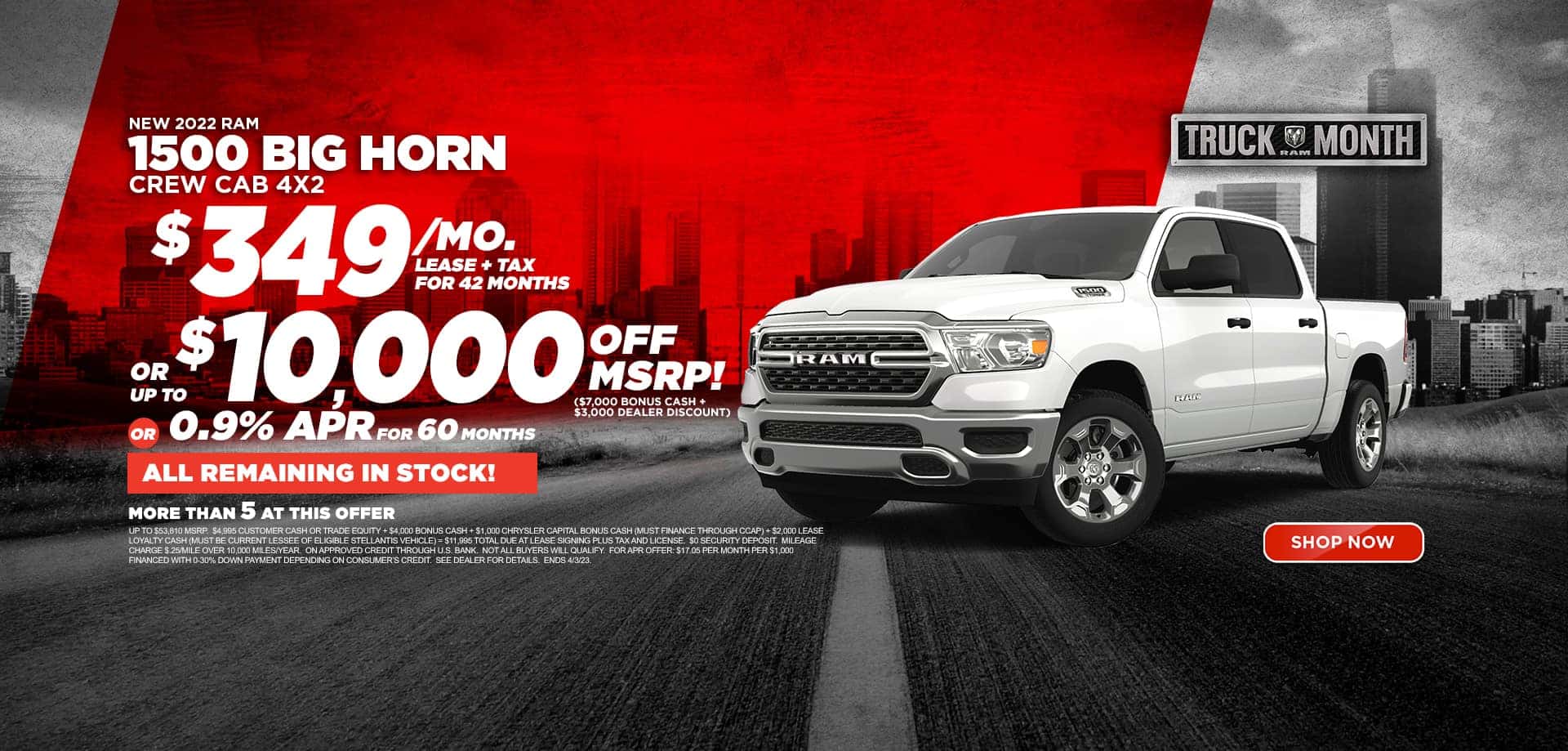 New 2022 Ram 1500 Big Horn Crew Cab 4x2 $359/MO. for 42 months or up to $10,000 OFF MSRP OR 0.9% APR for 60 mon.