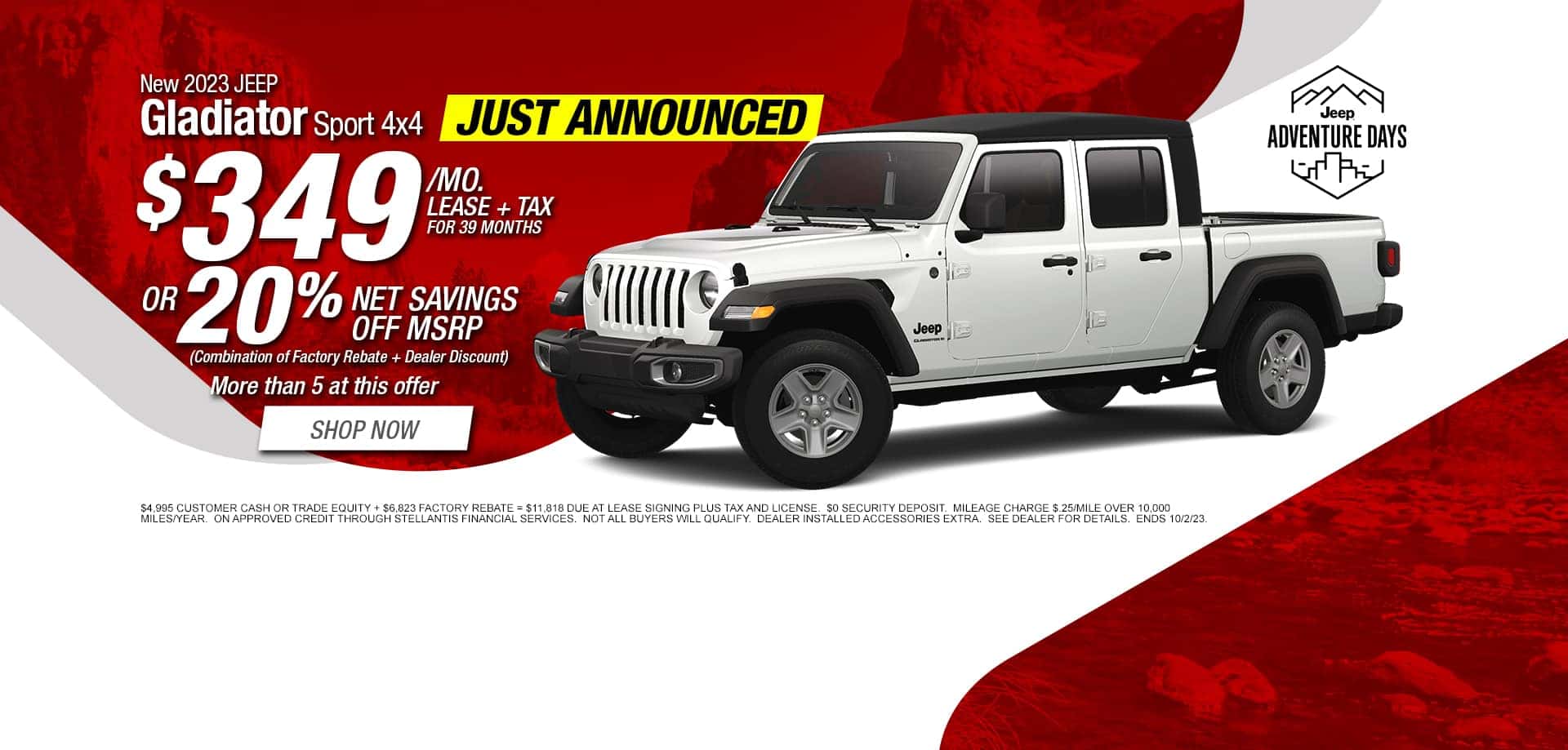 New 2023 Jeep Gladiator Sport $349/mo. lease or 20% net savings off MSRP