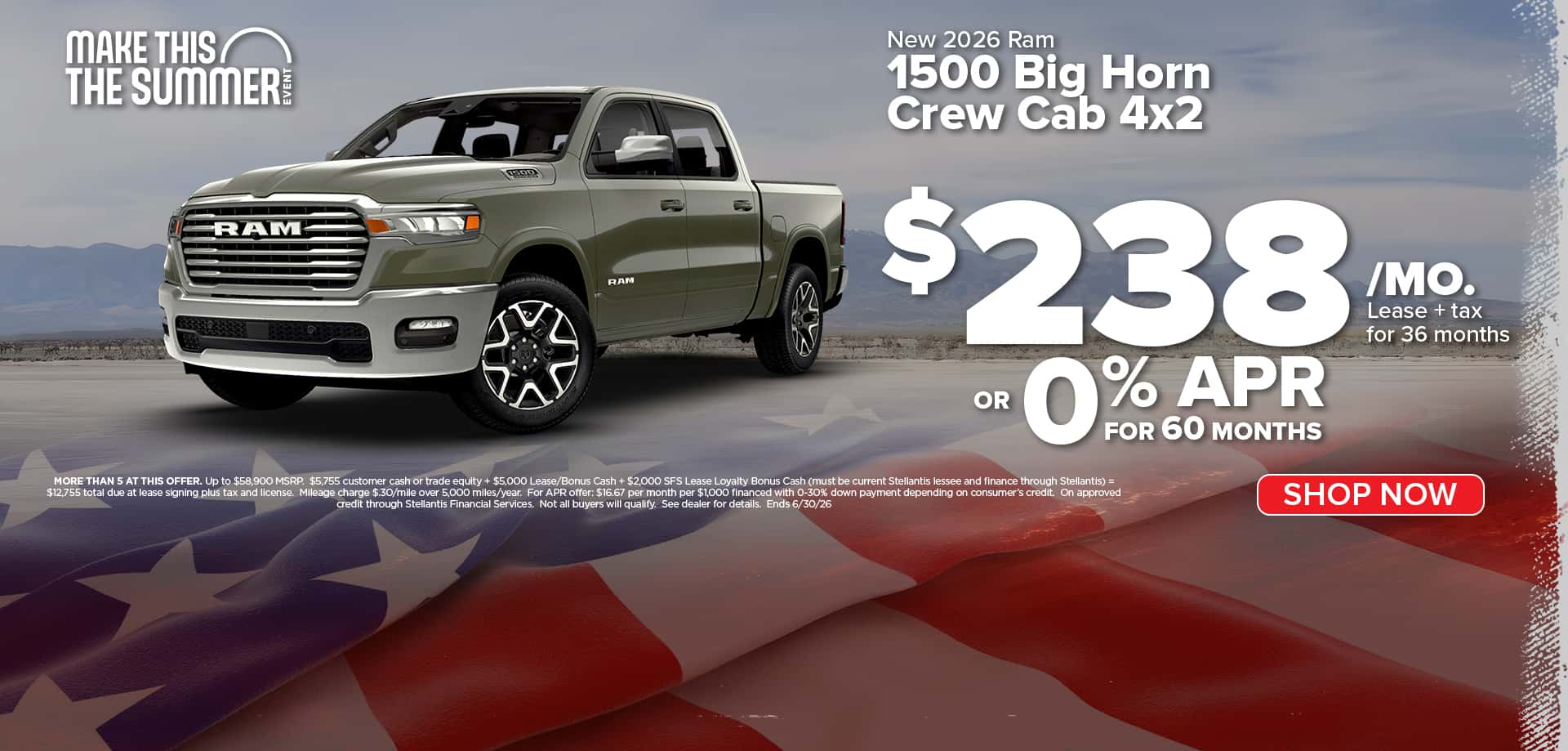 Now lease a new Ram 1500 for as low as $238/mo.