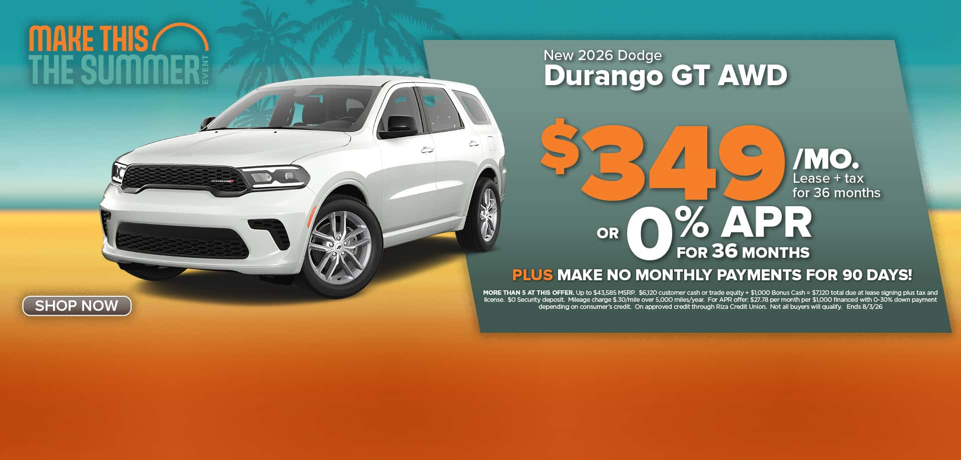 Now lease a new Durango for just $349/mo. or choose 0% APR