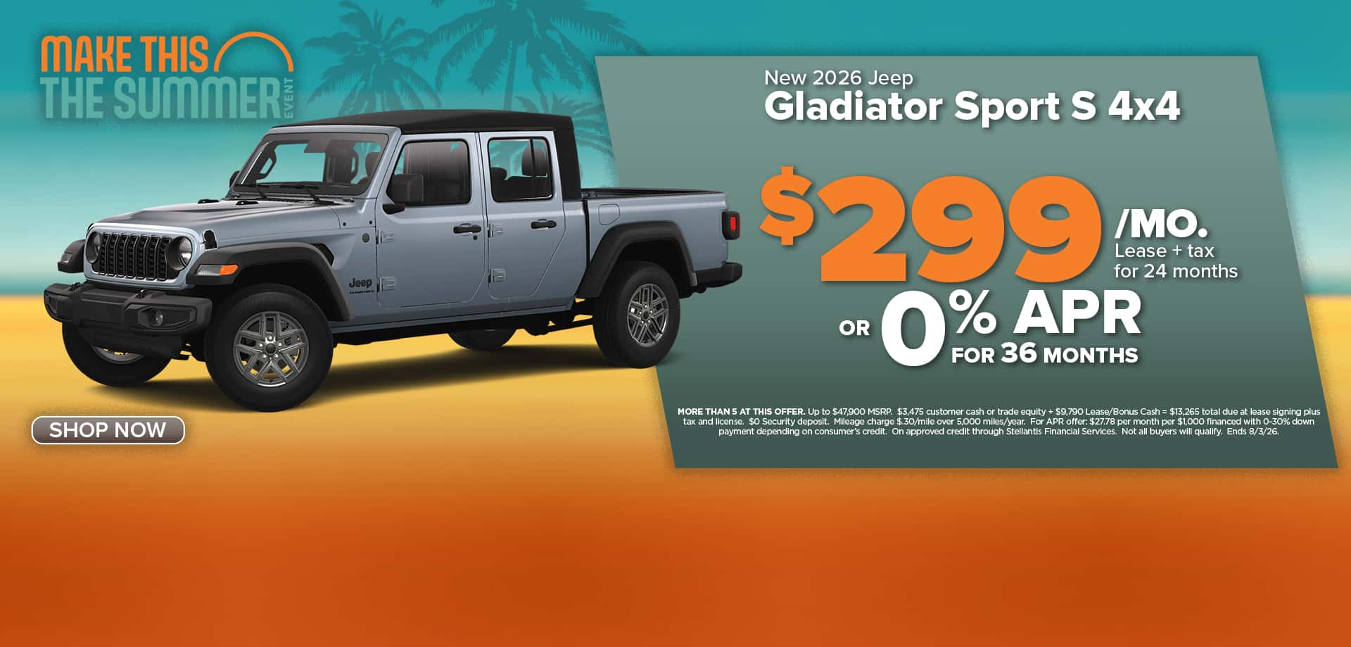 Lease a new Jeep Gladiator for just $299/mo. or choose 0% APR