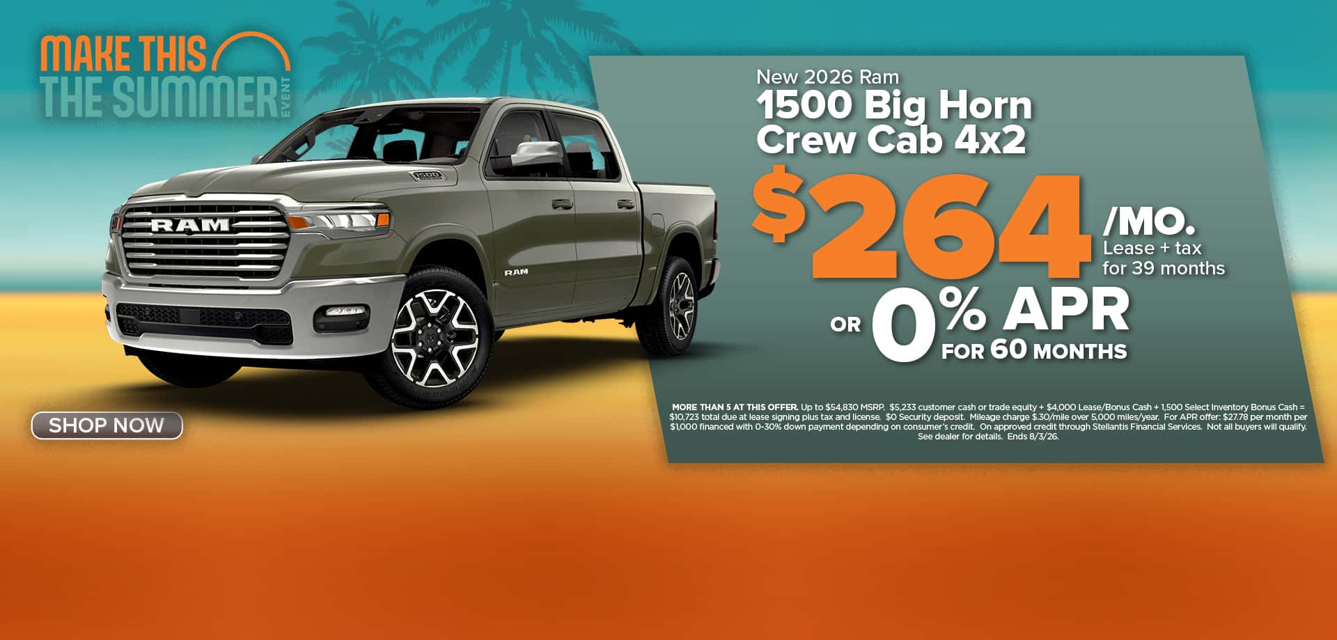 Now lease a new Ram 1500 for just $264/mo. or choose 0% APR