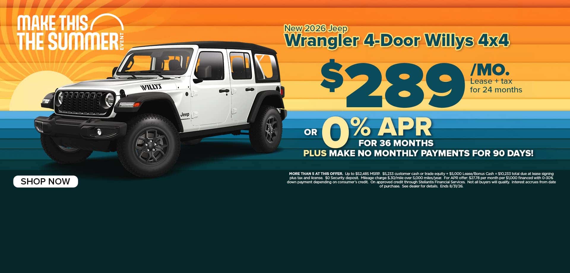 Now lease a new Jeep Wrangler for just $289/mo. or choose 0% APR.