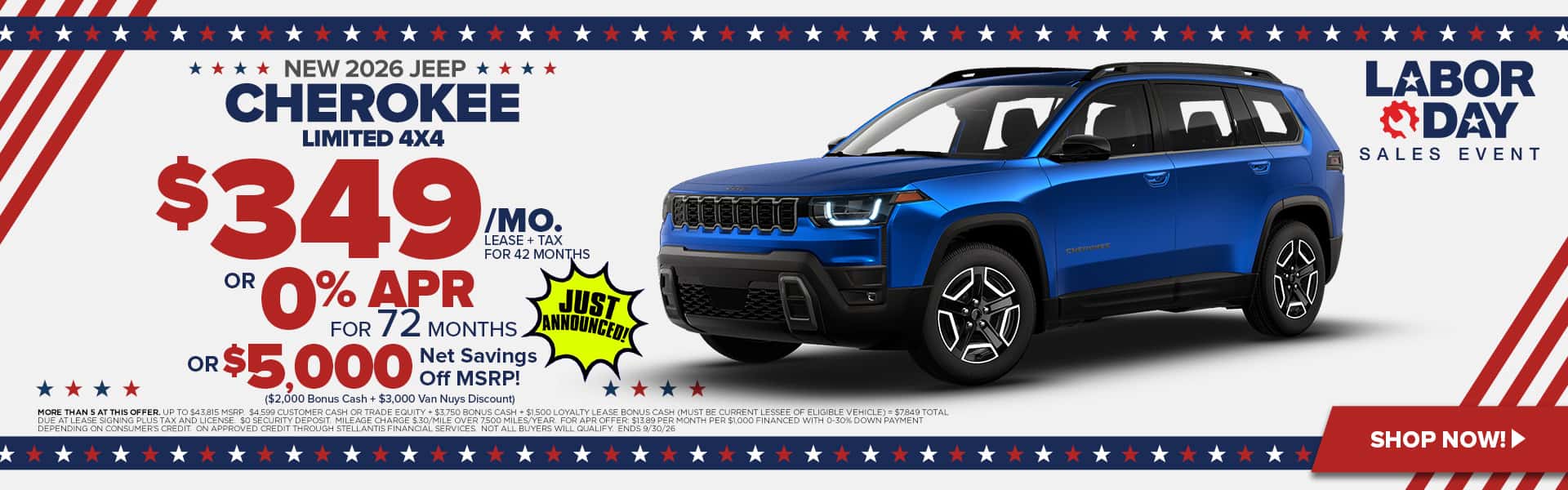 Now lease a new Cherokee for just $349/mo. or choose 0% APR for 72 Mos.