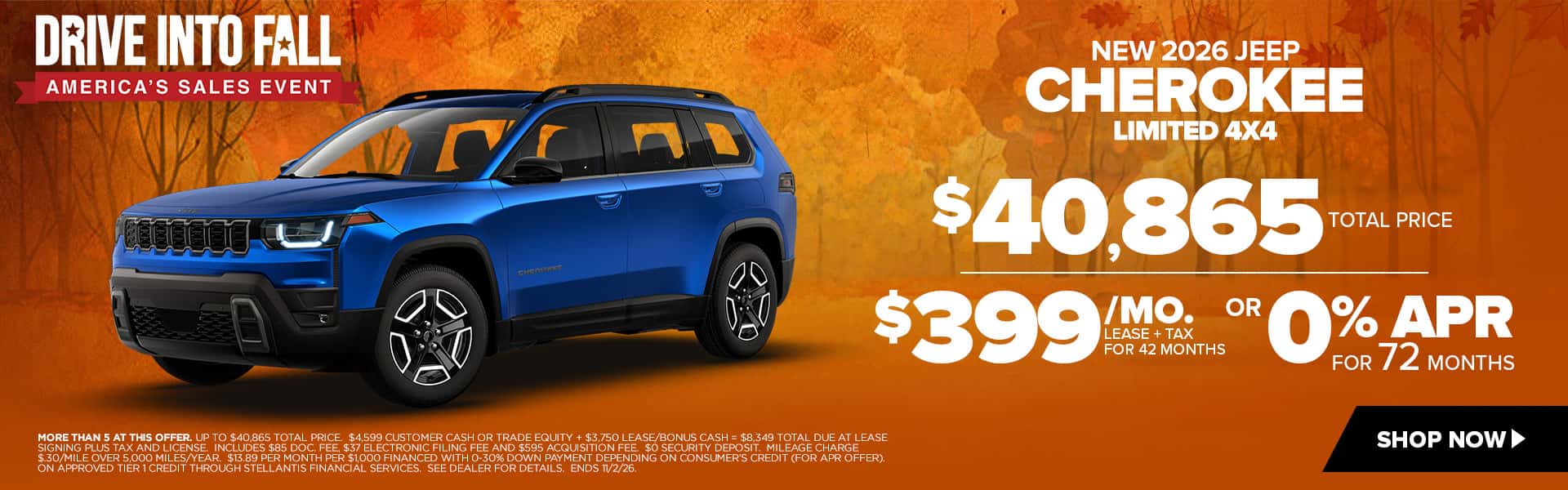 Now lease a new Jeep Cherokee for just $399/mo. or choose 0% APR
