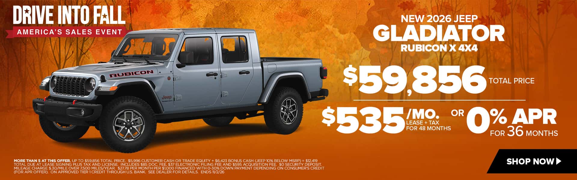 Now lease a new Jeep Gladiator for just $535/mo. lease or choose 0% APR