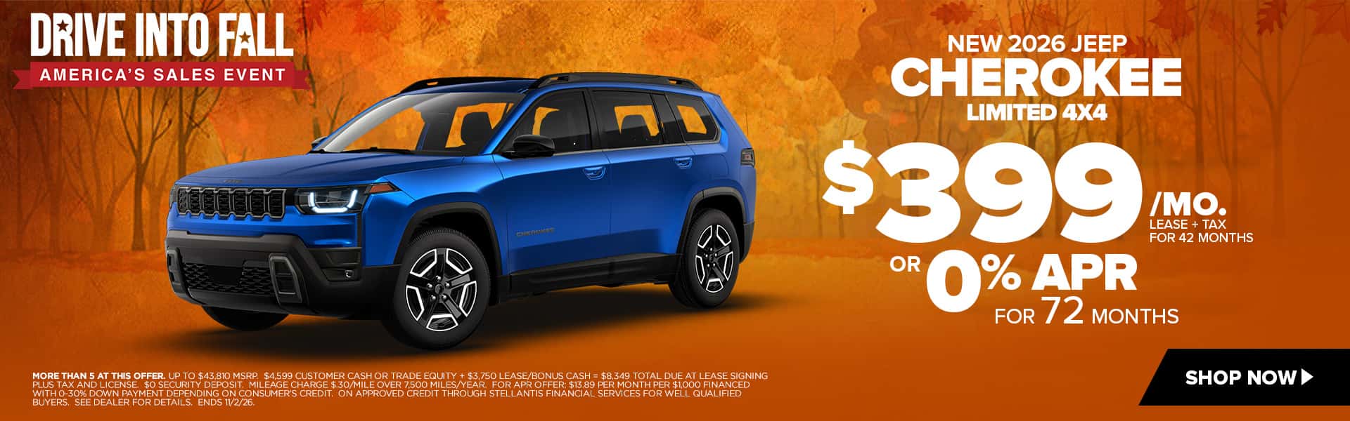 Now lease a new Jeep Cherokee for $399/mo. or chose 0% APR