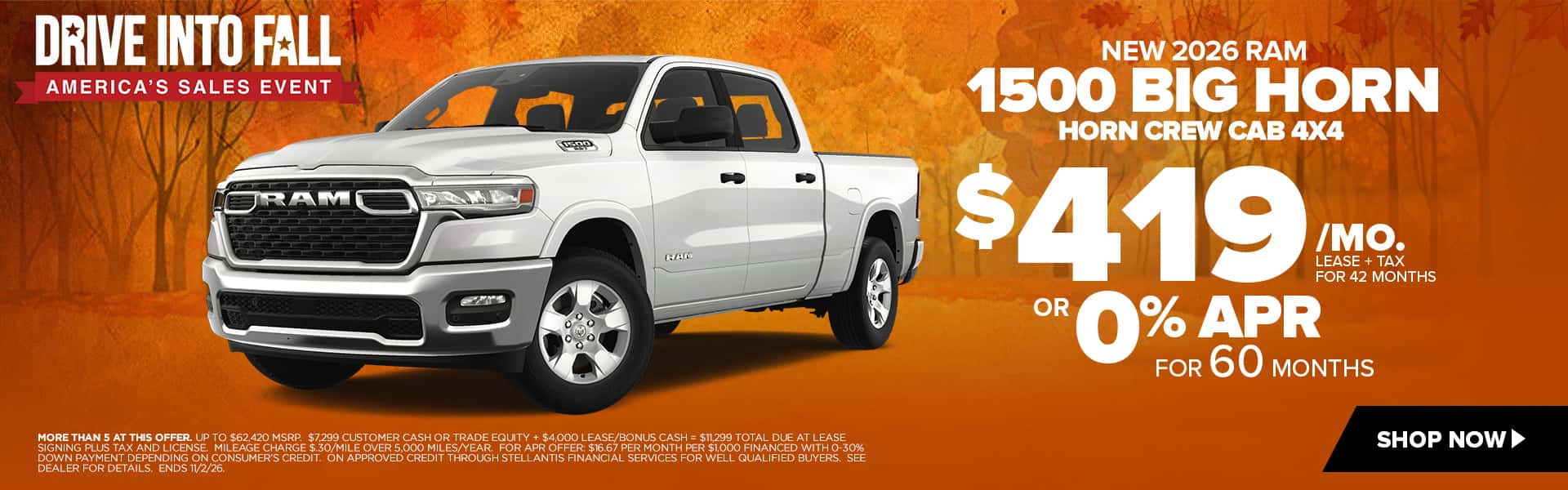 Now lease a new Ram 1500 for just $419/mo. or choose 0% APR