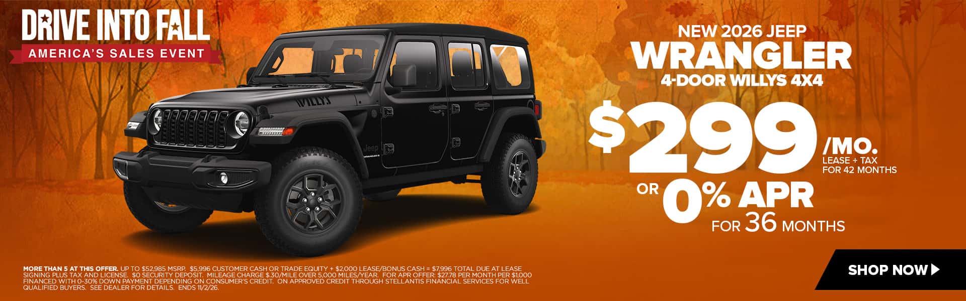 Now lease a new Jeep Wrangler for just $299/mo. or choose 0% APR