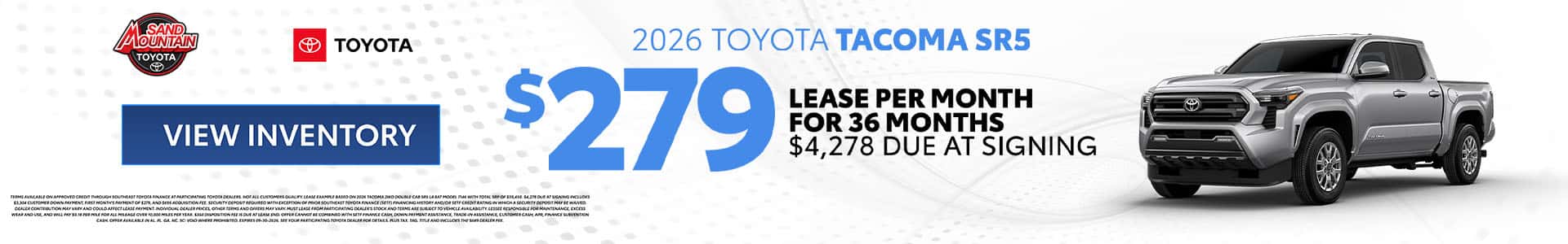 2026 Tacoma SR5 $279/month for 36 months $4,278 due at signing