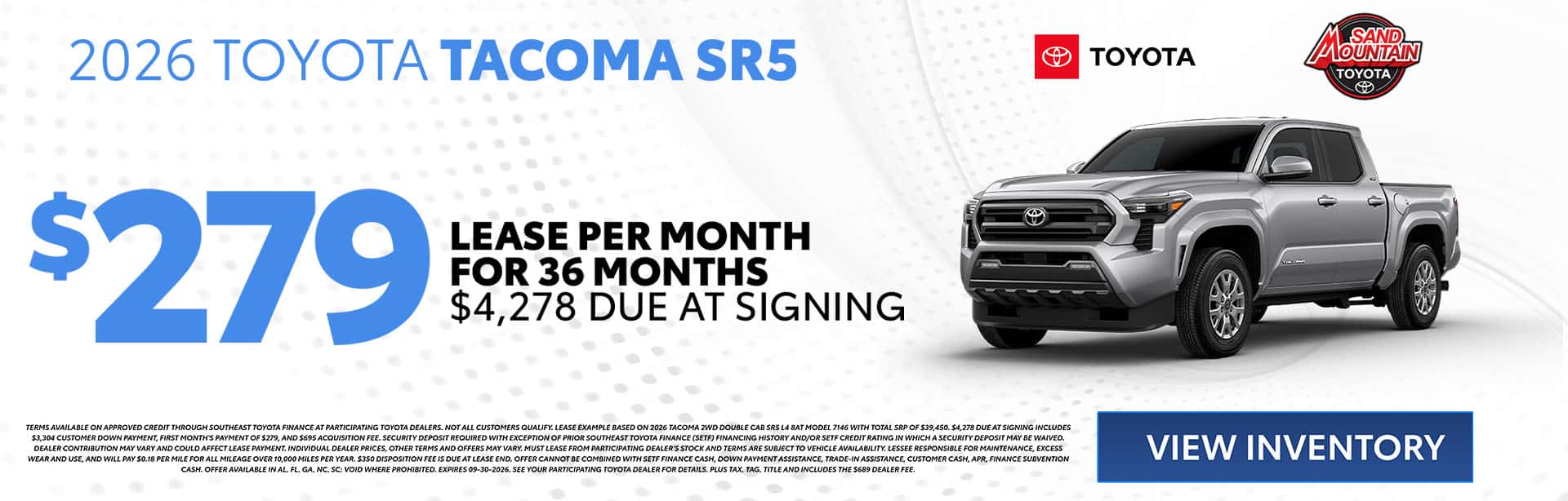 2026 Tacoma SR5  $279/month for 36 months $4,278 due at signing