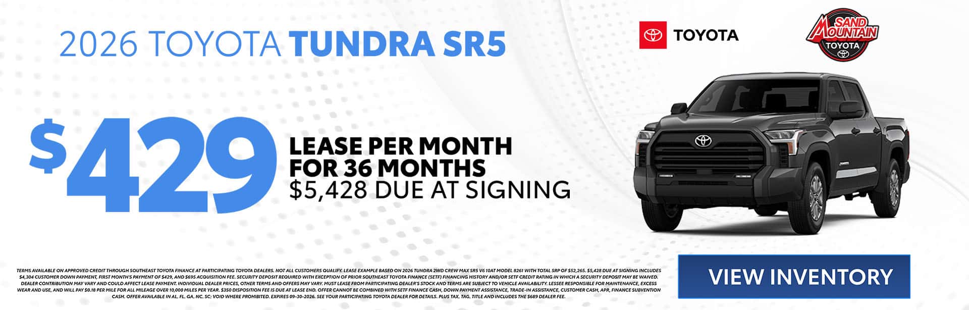 2026 Tundra SR5 $429/month for 36 months $5,428 due at signing