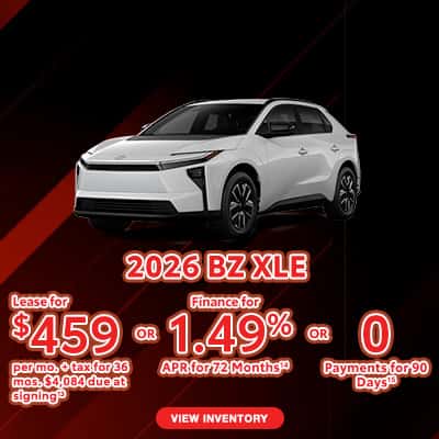 2026 Toyota bZ XLE - Lease for $459/mo. for 36 mos. $4,084 due at signing OR Finance for 1.49% APR for 72 Months OR 0 Payments for 90 Days
