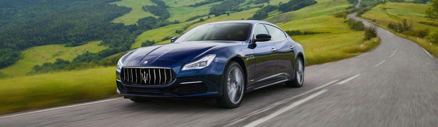 A 2020 Maserati Quattroporte with the Maserati logo on the front grille