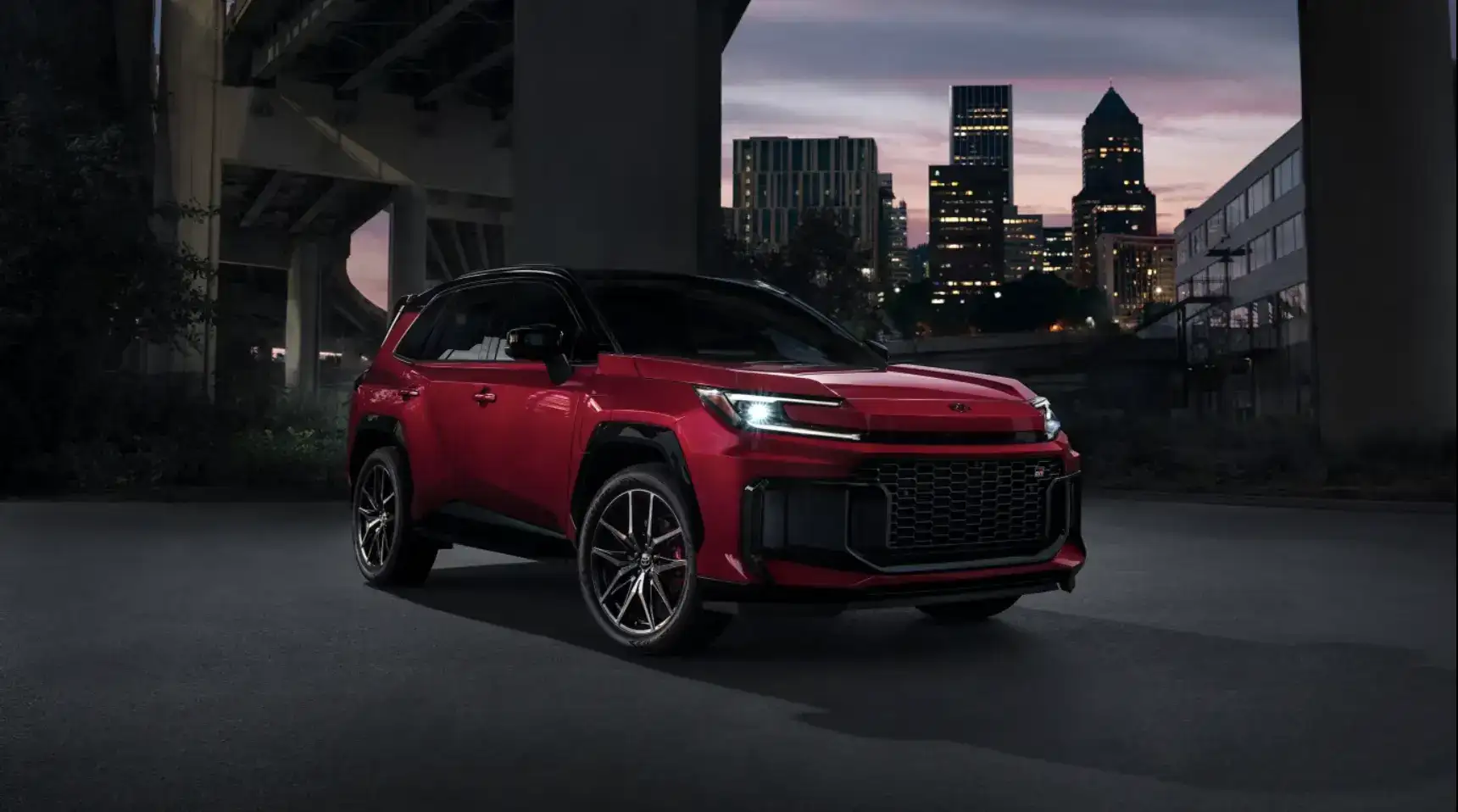 2026 Toyota RAV4 PHEV GR Sport red at night