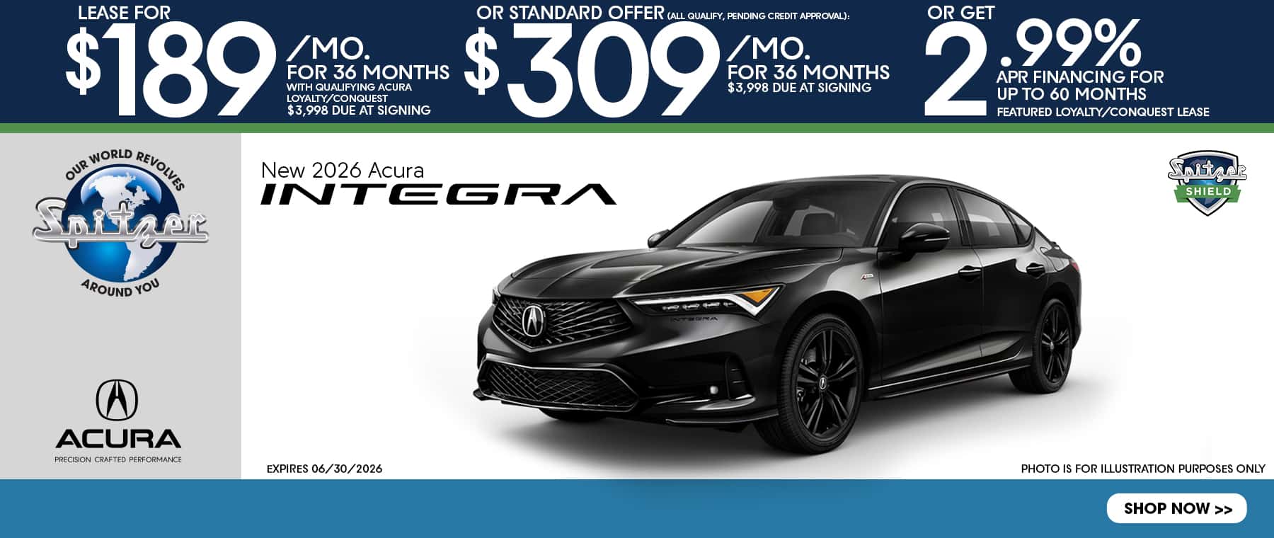 06.2026_2026 Acura Integra_Lease for $189 for 36 mo OR $309 for 36 mo OR 2.99% for 60 mo