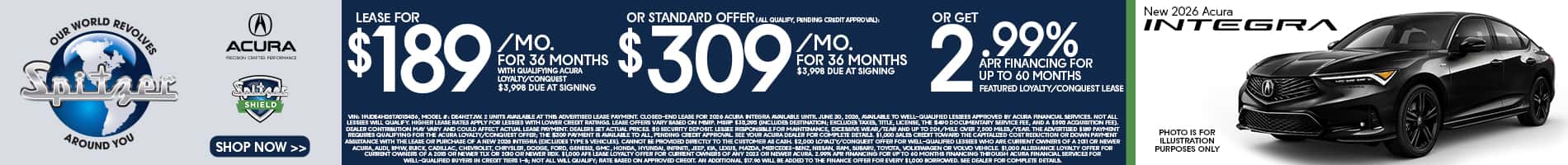 06.2026_2026 Acura Integra_Lease for $189 for 36 mo OR $309 for 36 mo OR 2.99% for 60 mo