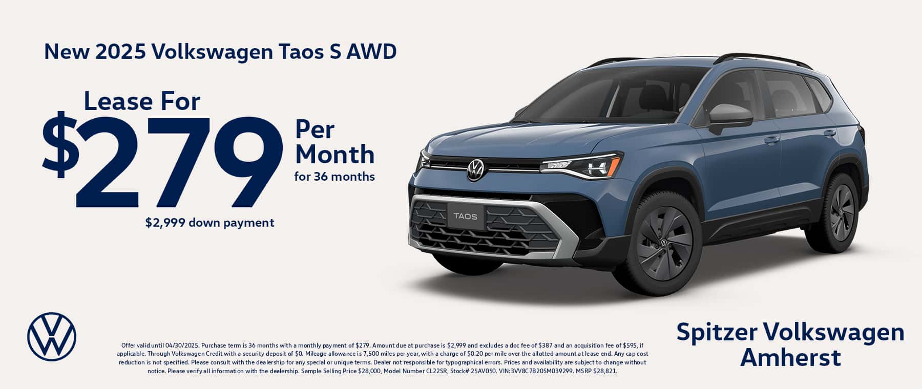 03.04.2025_Carrera_Lease a New 2025 Volkswagen Taos S AWD for $279 a month for 36 months!