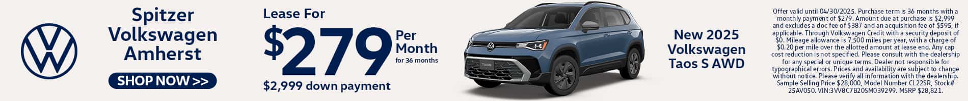 03/04.2025_Carrera_Lease a New 2025 Volkswagen Taos S AWD for $279 a month for 36 months!