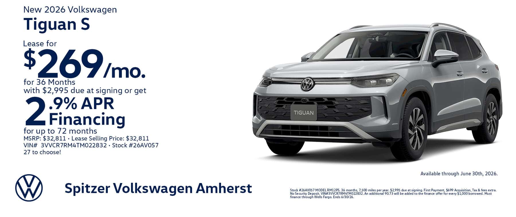 2026 Volkswagen Tiguan S Lease for $269/mo for 36 months Get 2.9% APR Financing for 72 months