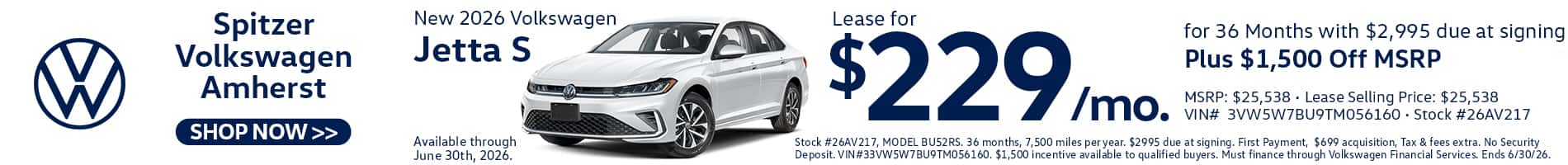 2026 Volkswagen Jetta S Lease for $229/mo for 36 months OR $1,500 OFF MSRP!