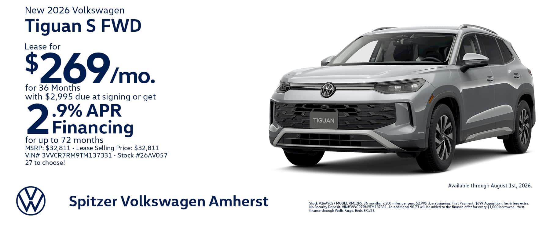 07.2026_Volkswagen Tiguan_Lease for $269 for 36 mo OR 2.9% for 72 mo
