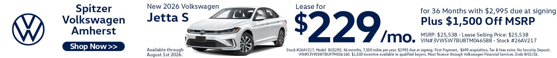 07.2026_Volkswagen Jetta_Lease for $229 for 36 mo PLUS $1500 off msrp