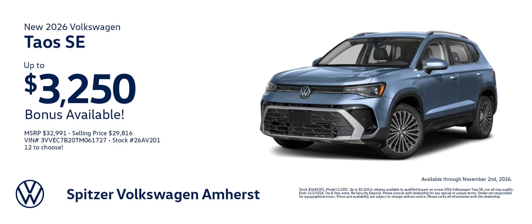09.2026_VW Taos_Up to $3250 bonus available