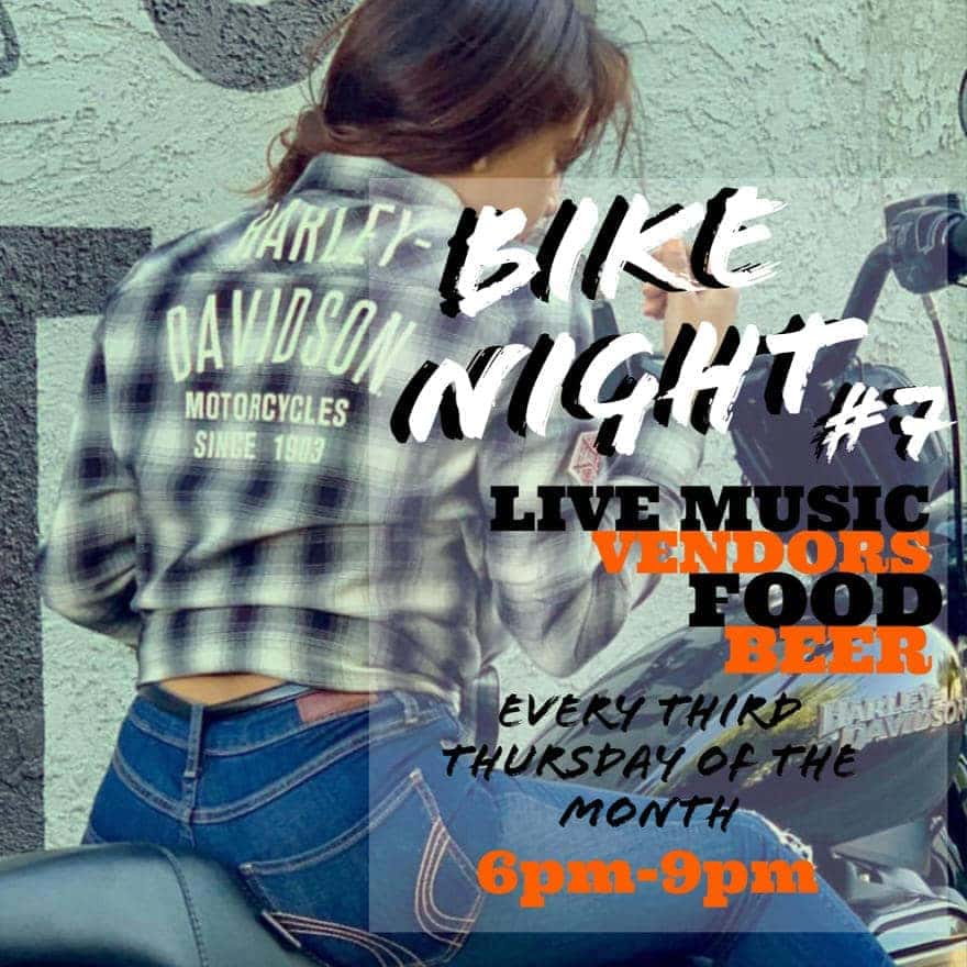 female Harley Davidson rider sitting on her parked bike, promoting the 7th Bike Night sponsored event Top Rocker Harley Davidson